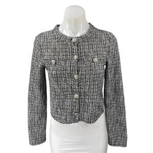 H&M Womens Black Tweed Button Long Sleeve Pockets Crop Blazer Coat Jacket Top XS